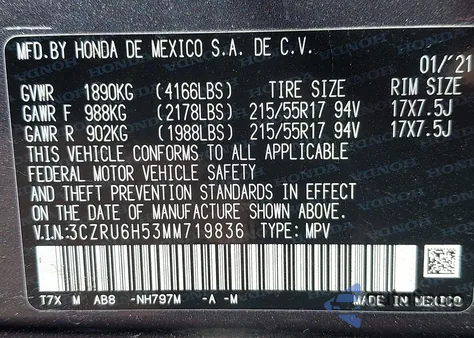 2021 Honda Hr-V Awd Ex из США, поврежденный, VIN 3CZRU6H53MM719836